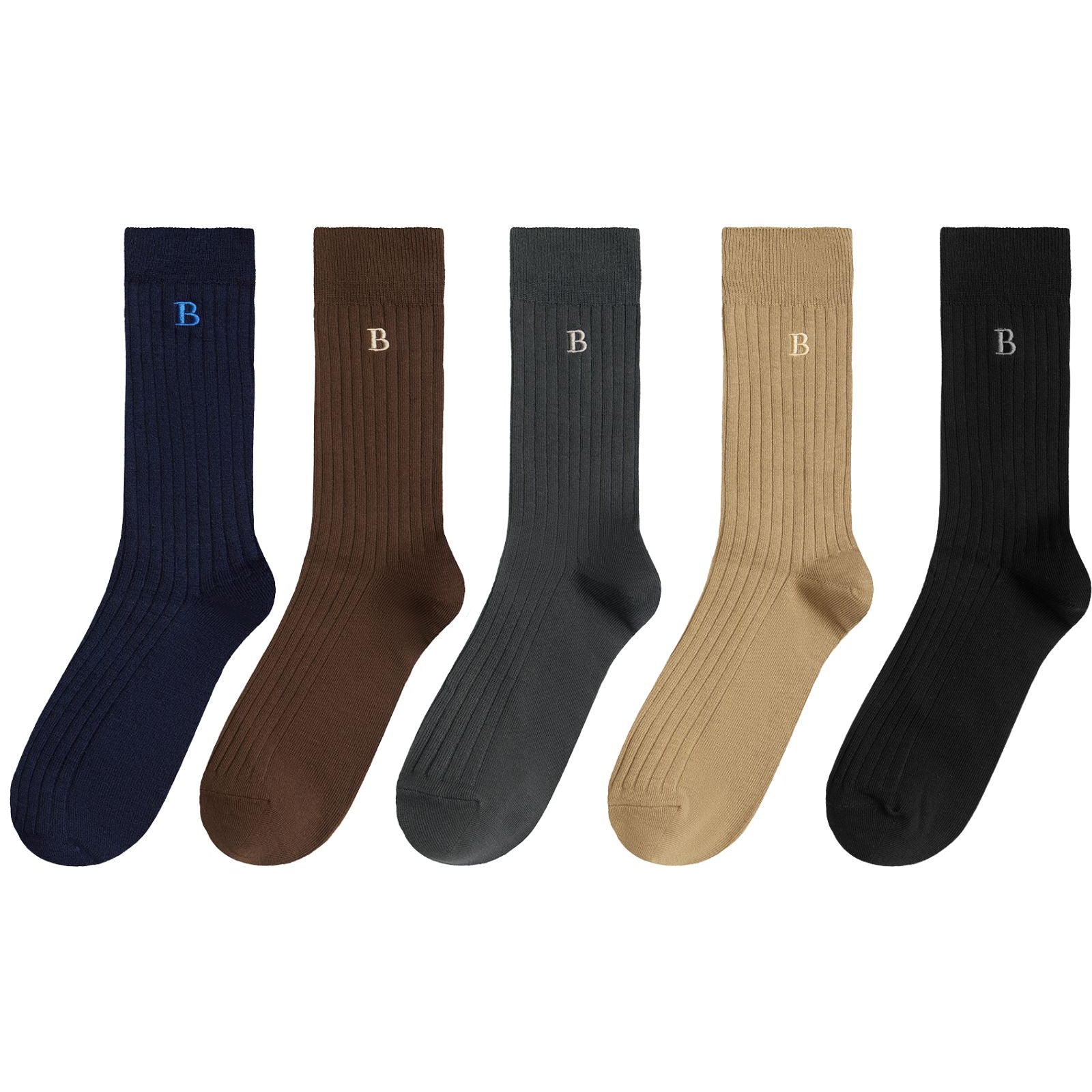 Five ribbed crew socks in navy, brown, charcoal, tan, and black, arranged in a row on a white background. Each sock has a small embroidered letter 'B' near the cuff.