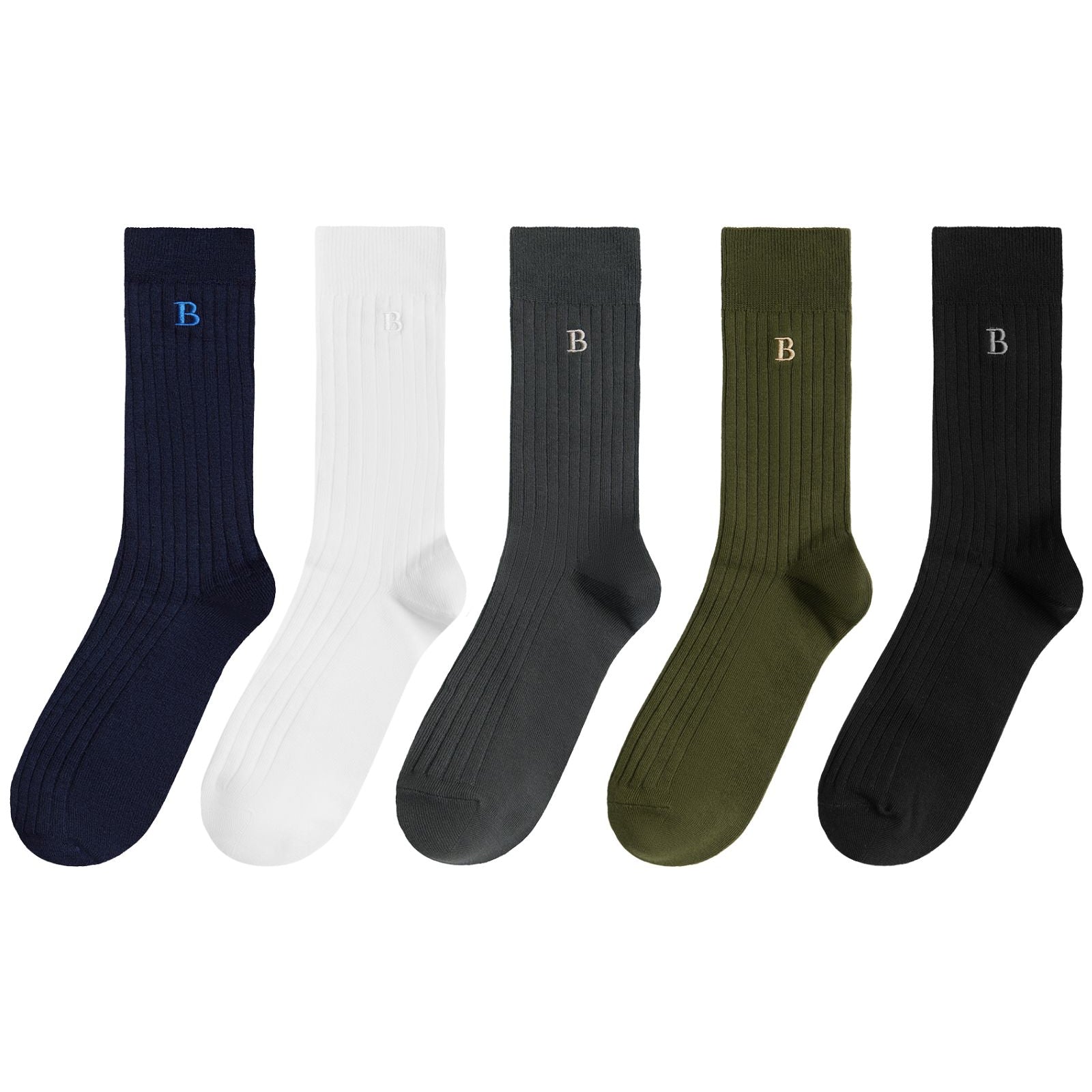 Five ribbed crew socks in navy, white, charcoal, olive green, and black, each with a small embroidered letter B near the cuff, arranged side by side on a white background.