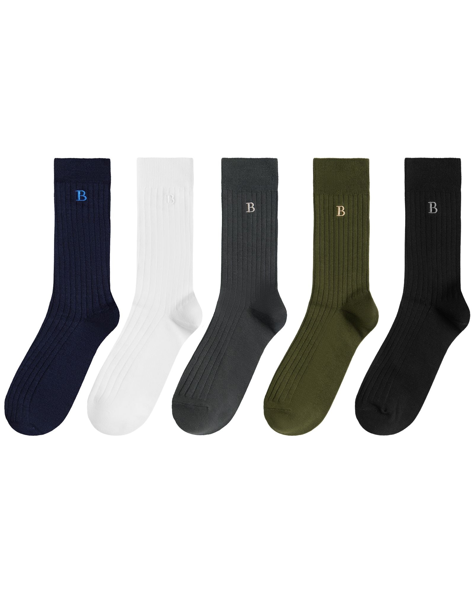 Five ribbed crew socks in navy, white, charcoal, olive green, and black, each with a small embroidered letter B near the cuff, arranged side by side on a white background.